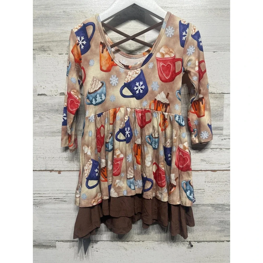 Hanlyn Collective Hot Cocoa Bamboo Dress Kids 18-24m Tan Winter Ruffle NWT
